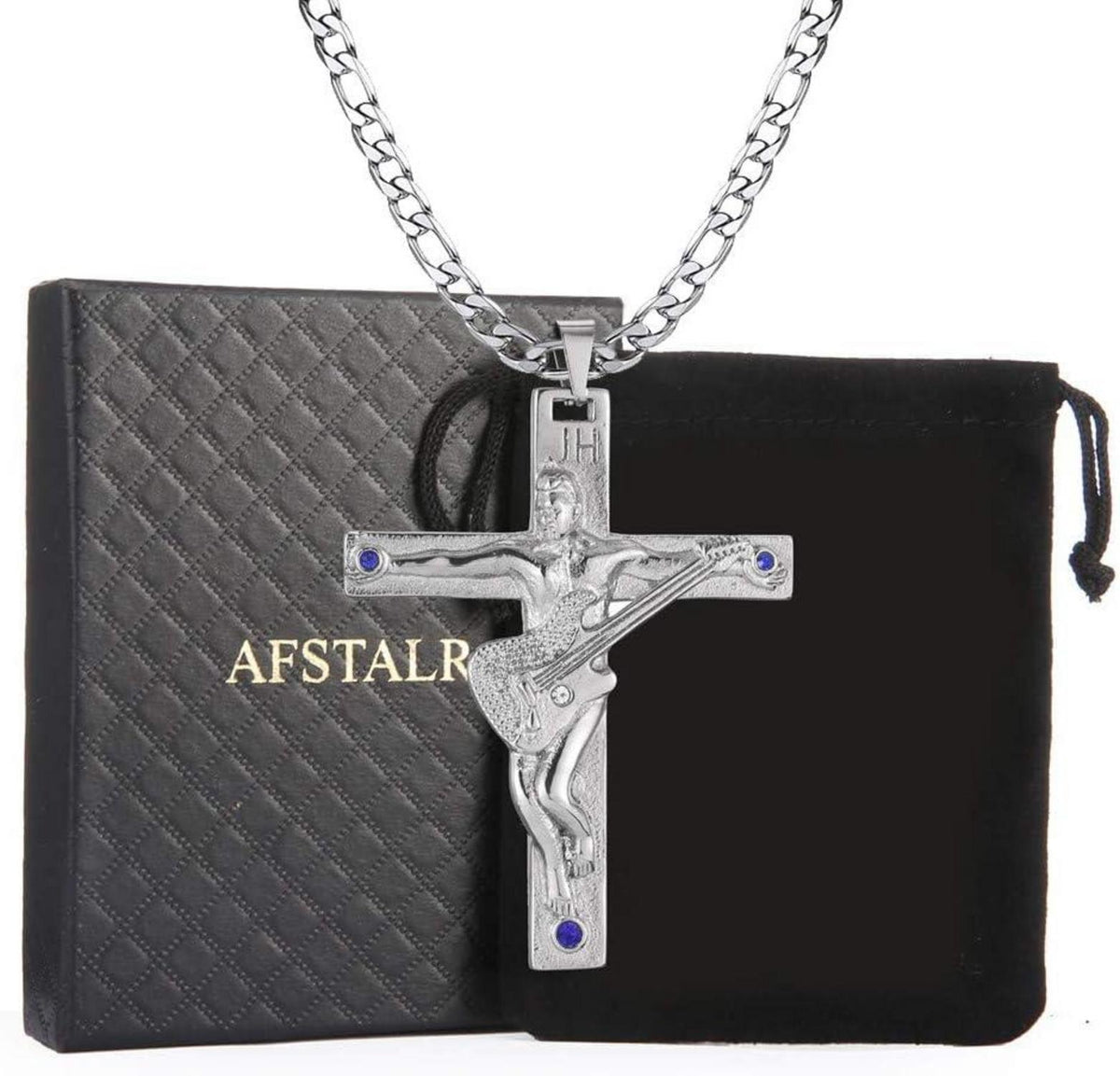 Johnny Hallyday Kreuz Anhänger Gitarrenkette Silber 60cm Herren Damen