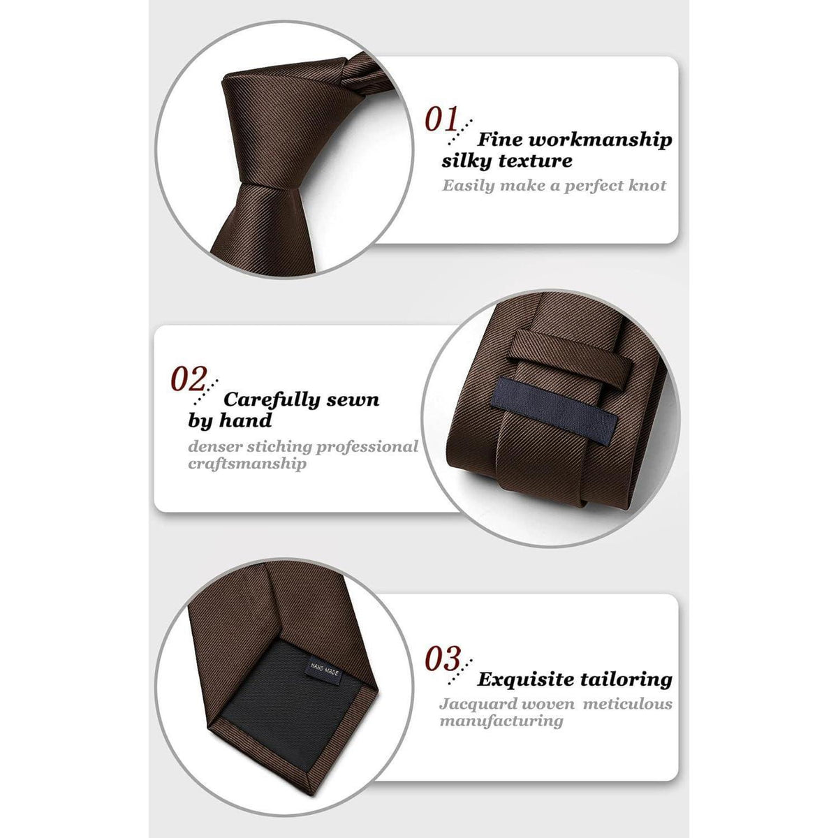 Krawatten-Set Herren mit Einstecktuch, einfarbig, pflegeleicht, J-Braun