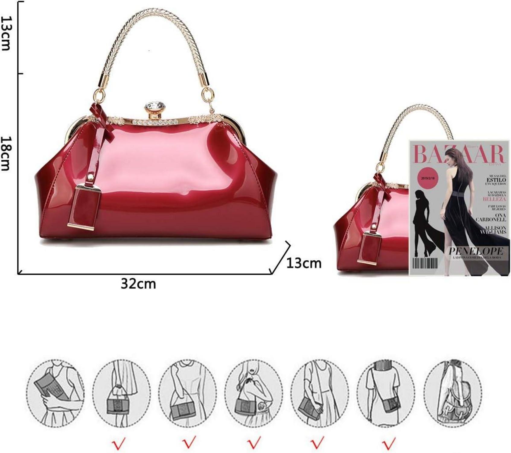 Damen Handtasche PU-Lackleder Henkeltasche Schultertasche Burgund
