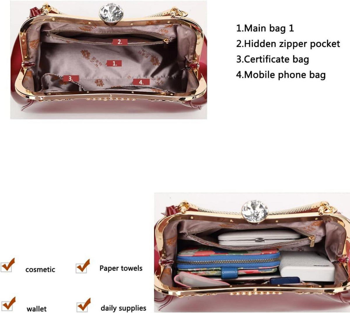 Damen PU-Lackleder Handtasche in Burgund für Hochzeit