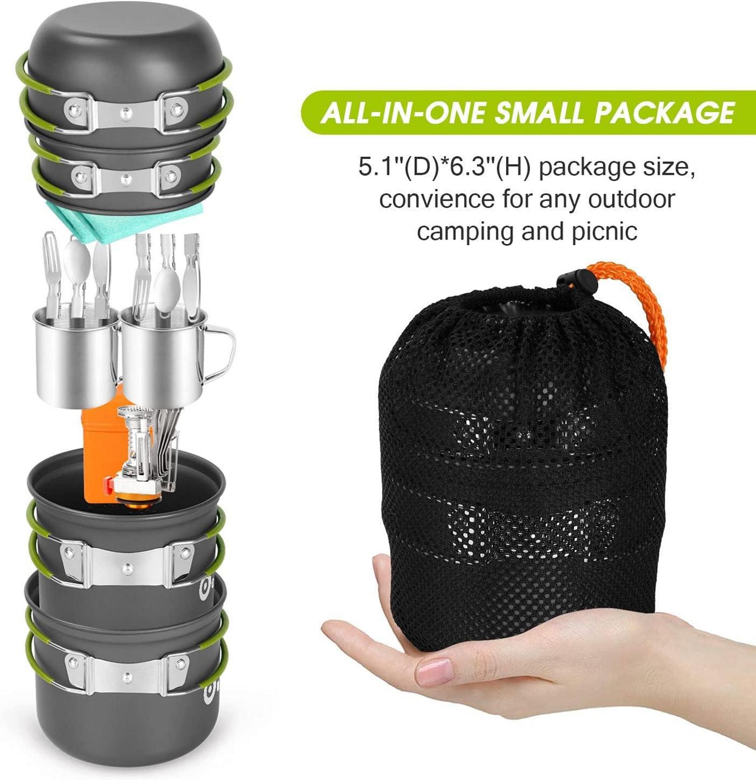 Odoland Camping Geschirr Set 16-teilig für 2 Personen - Outdoor Kochgeschirr Aluminium Edelstahl Töpfe Becher Besteck Mini Kocher