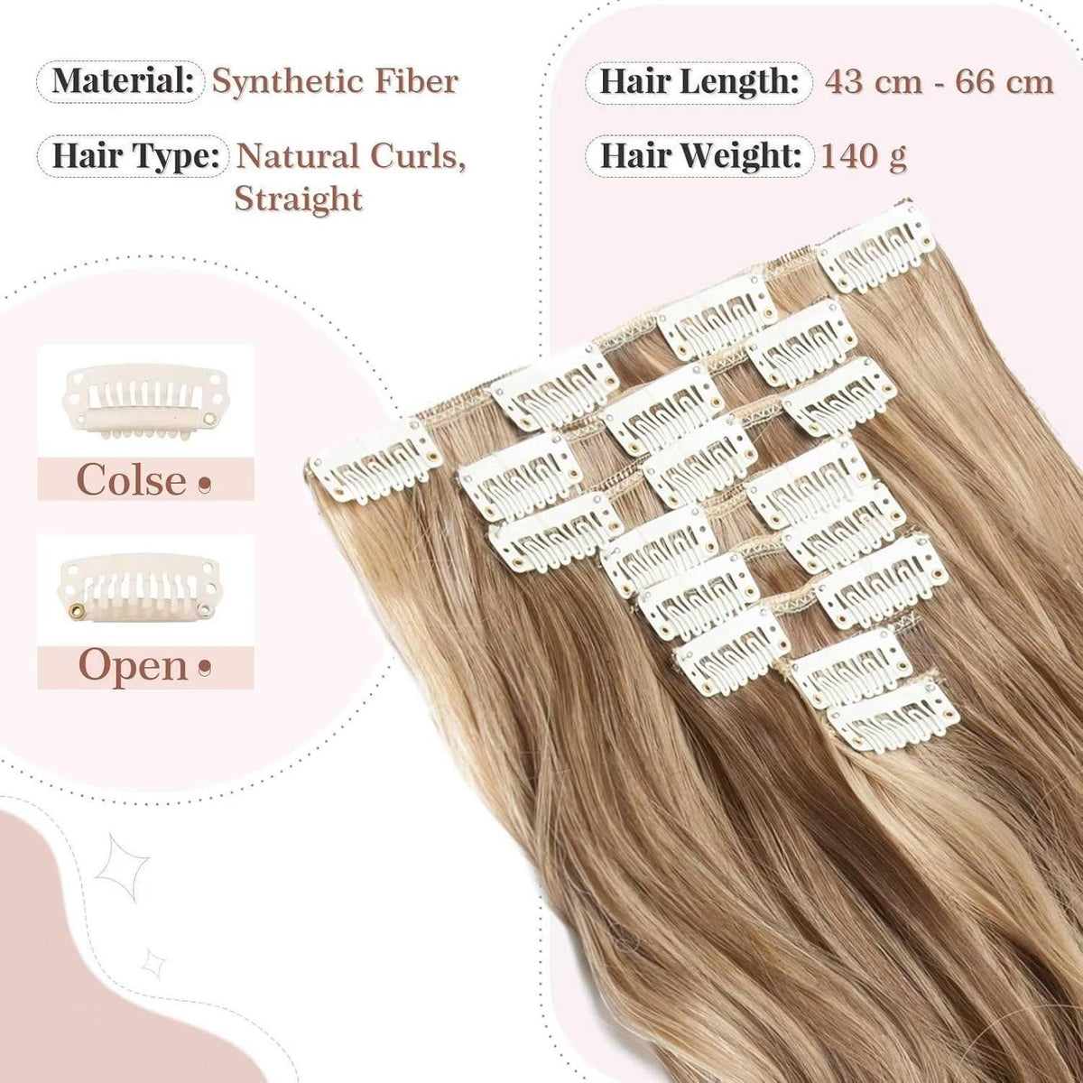 Ockerbraun/Hellgoldblond gewellte Clip-in Haarverlängerung 60cm