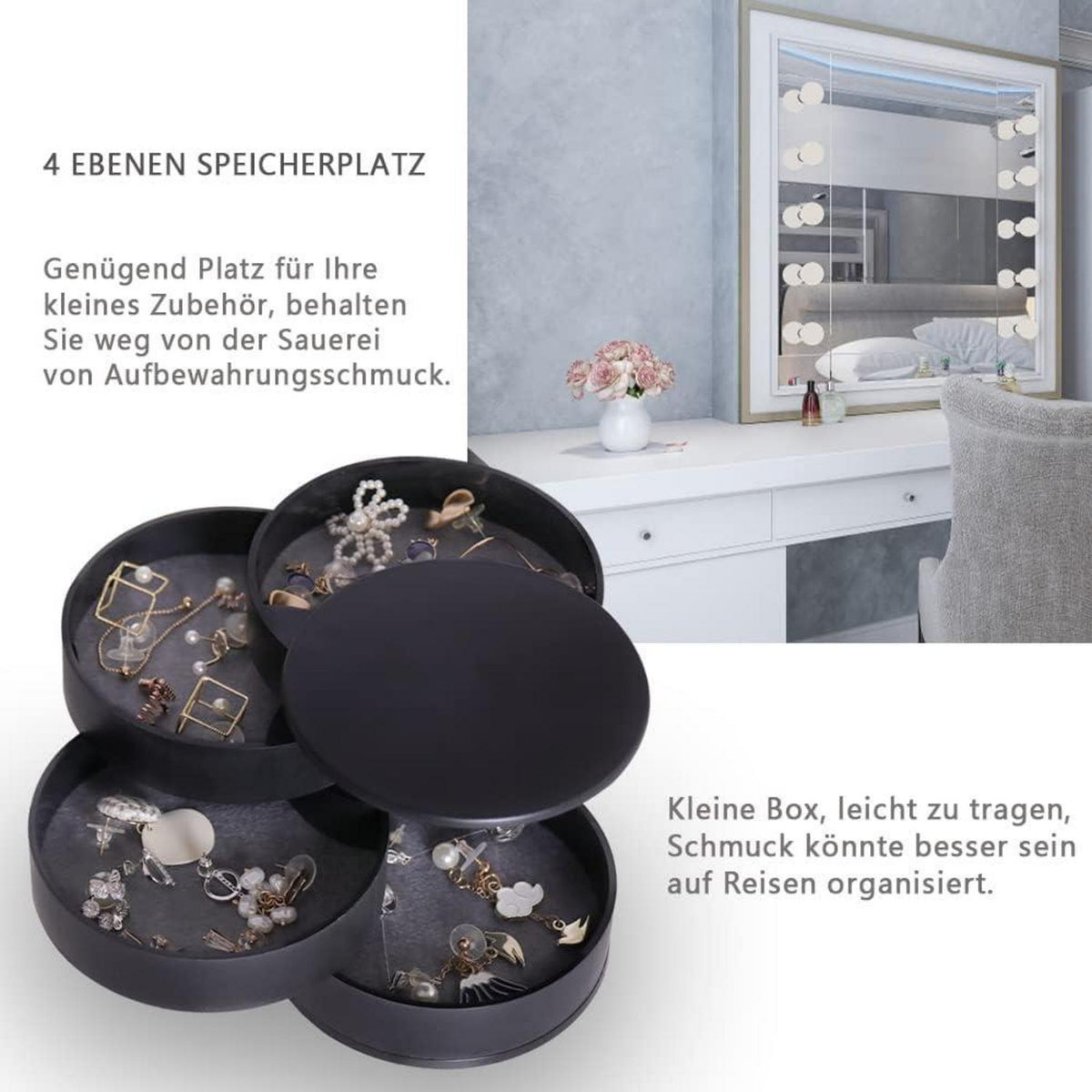 Schmuckkästchen 4 Ebenen Drehbar 360 Grad Rotation Schwarz