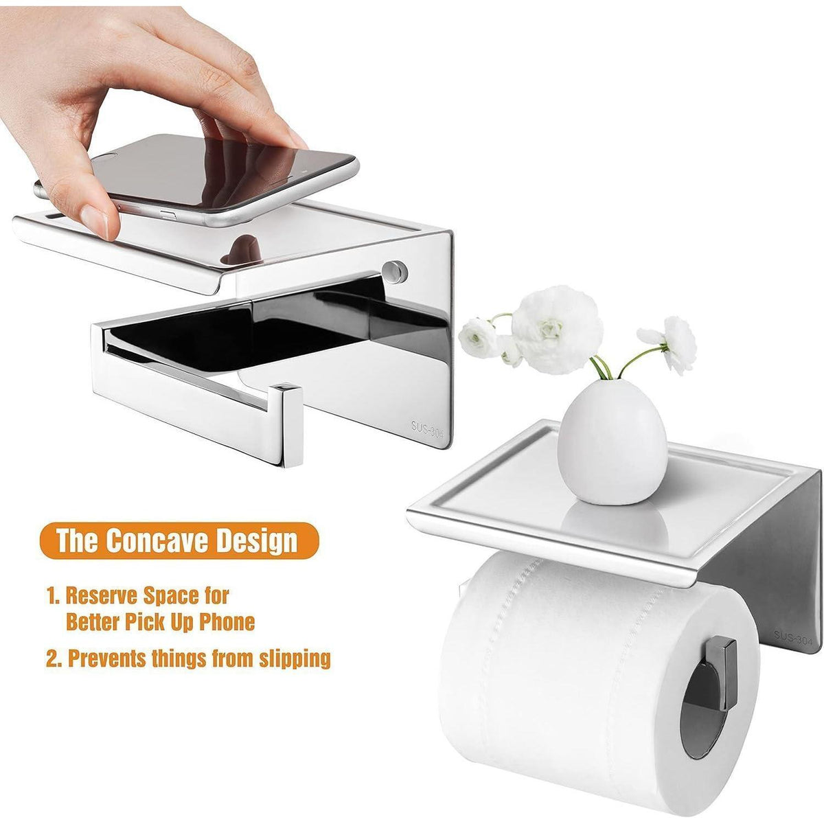 Toilettenpapierhalter mit Ablage, Edelstahl, selbstklebend
