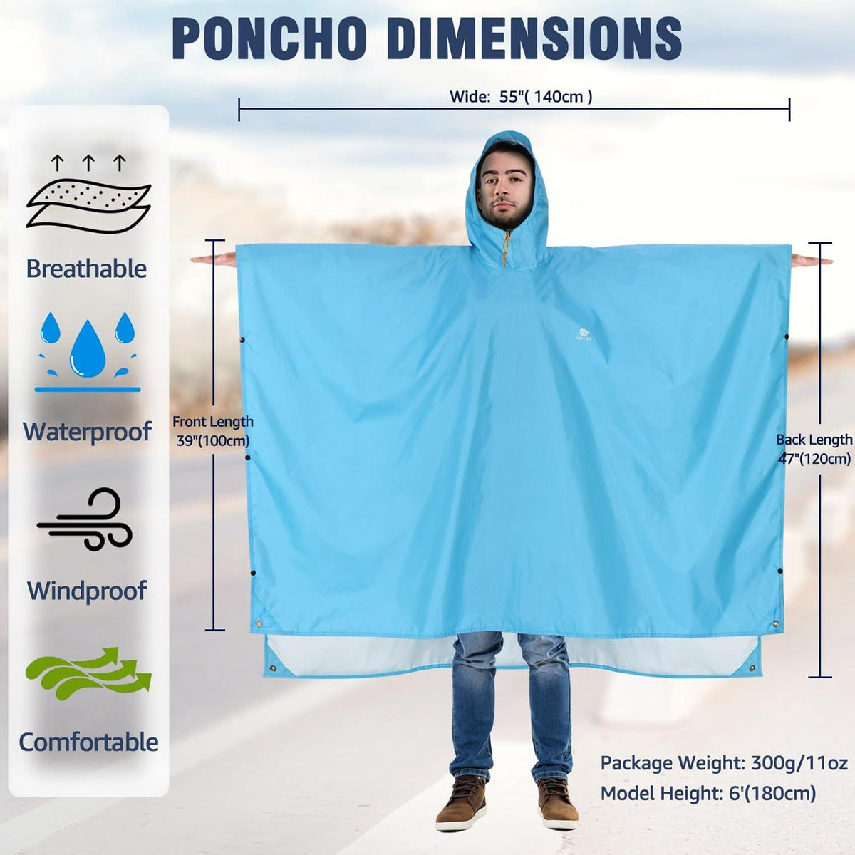Leichter Wasserdichter Regenponcho mit Kapuze Ripstop Blau