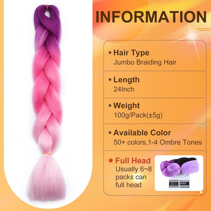 Ombre Flechtzöpfe 60cm Lila-Rosa Haarverlängerung