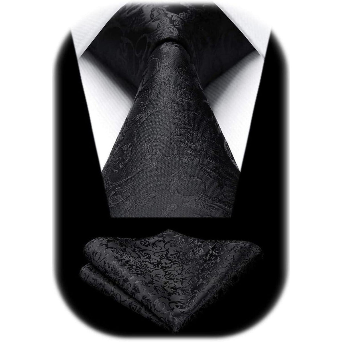 Herren Krawatten Set Paisley mit Einstecktuch – Schwarz