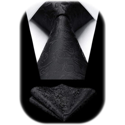 Herren Krawatten Set Paisley mit Einstecktuch – Schwarz