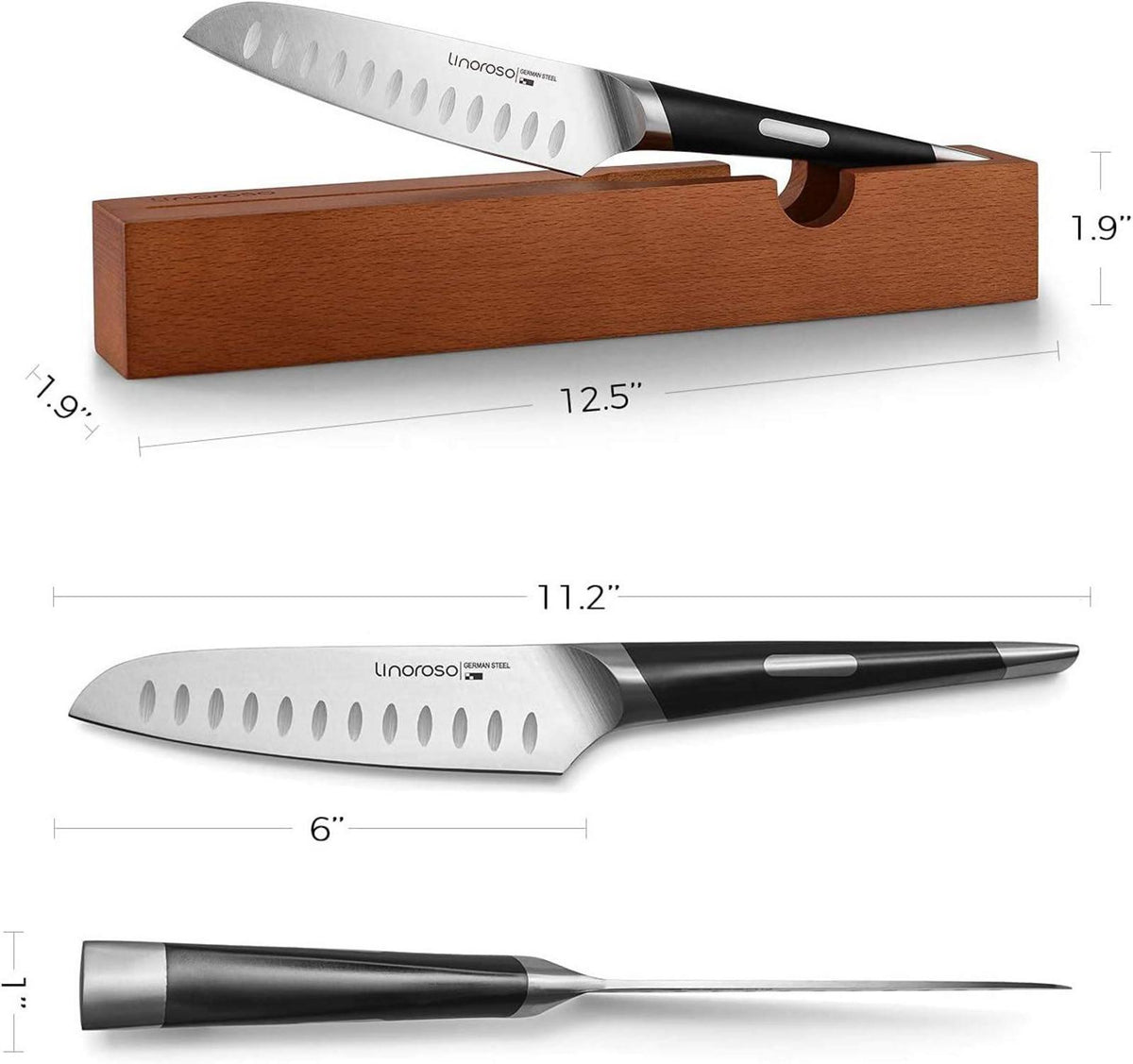 linoroso Santoku Messer Küchenmesser 6 Zoll Ultra Scharf Präzisionsgeschmiedet Edelstahl Kochmesser mit Messerblock in der Schublade