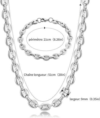 Halskette Herren Edelstahl 6/9/11mm Kaffeebohne Armband Set