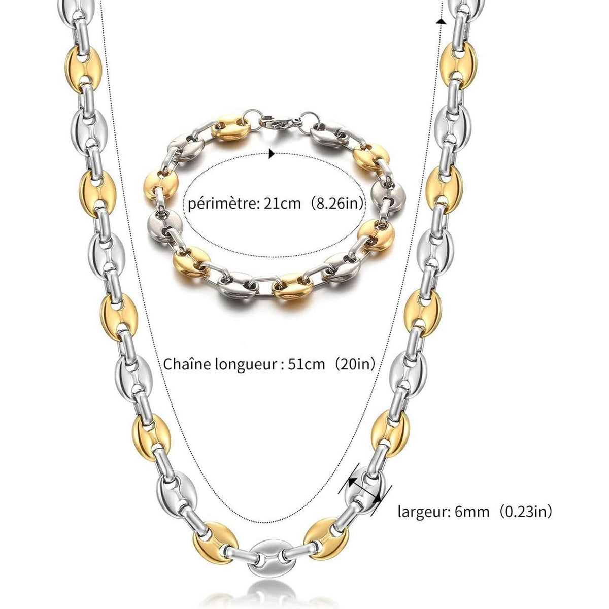 Edelstahl Kaffeebohnen Kette & Armband Set Herren 6mm 61cm Silber/Gold