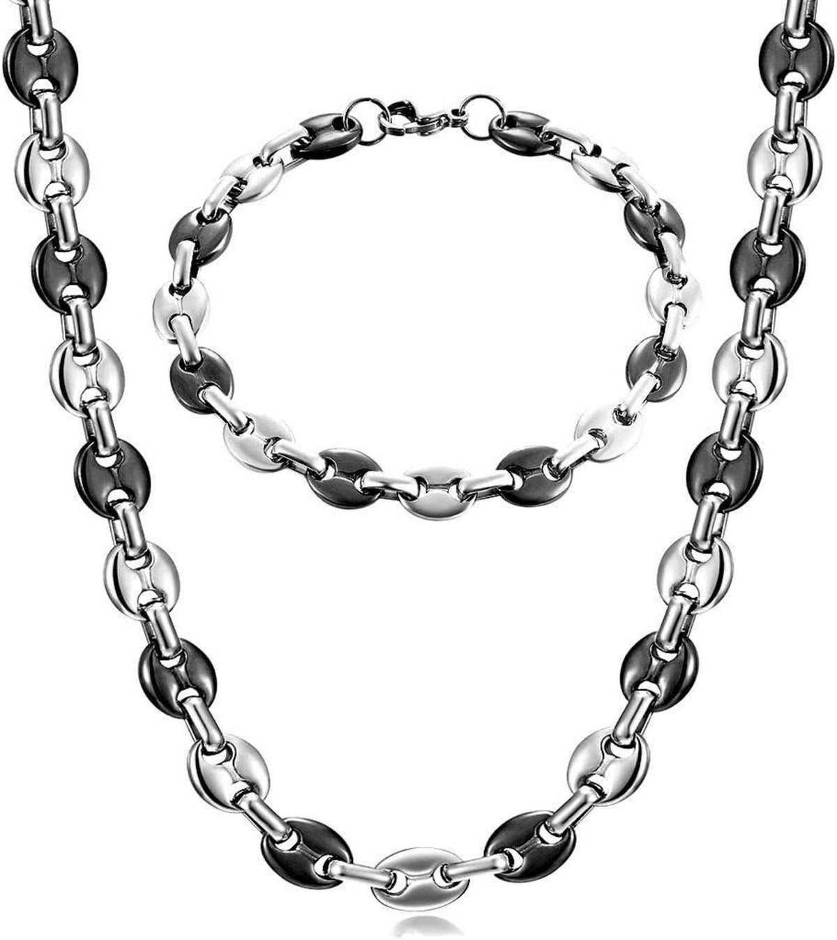 Halskette Edelstahl Kaffeebohne Armband Set Männer Silber Schwarz 11mm