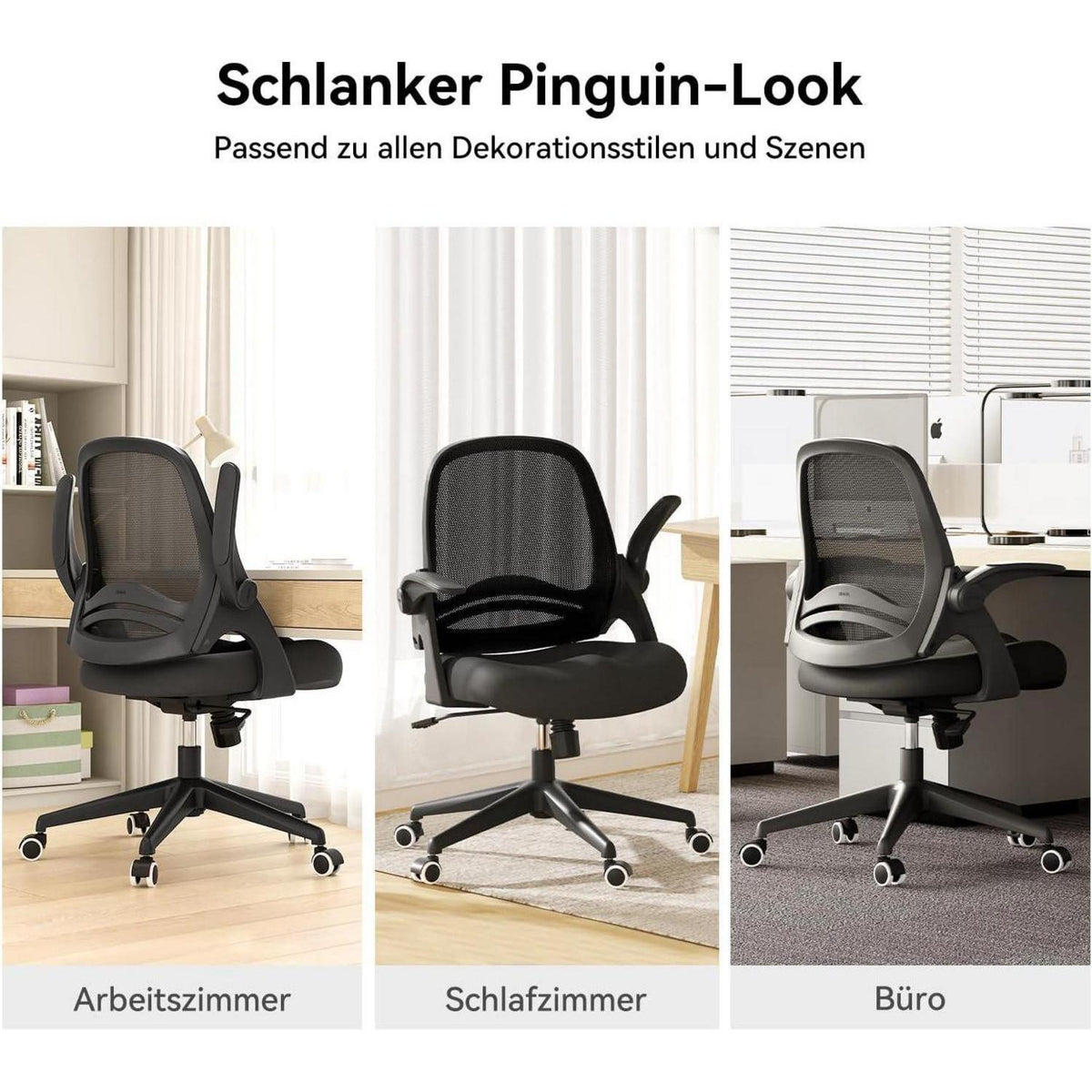 Ergonomischer Bürostuhl mit hochklappbaren Armlehnen, Schwarz