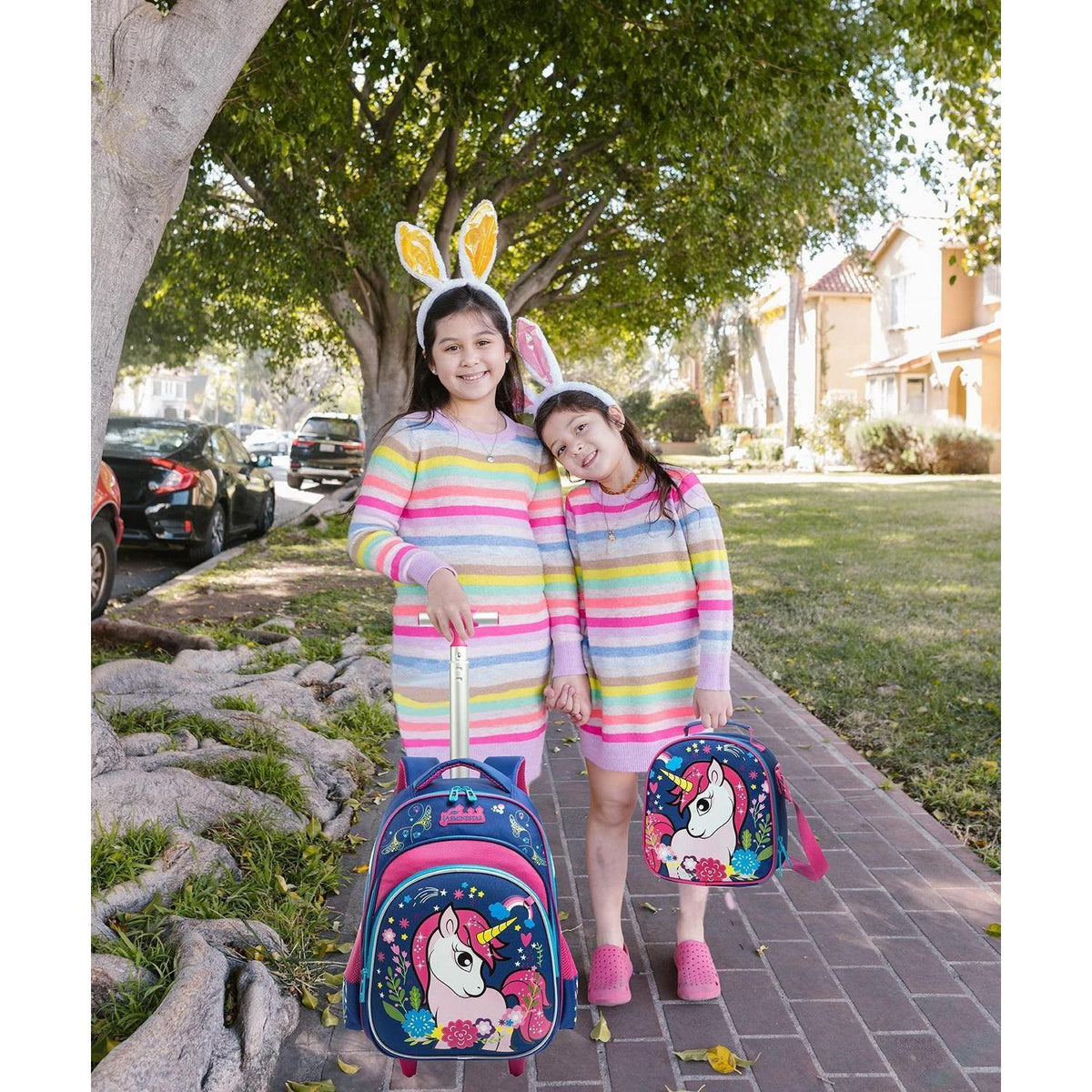 Schultrolley Einhorn mit Set für Mädchen – Rucksack, Lunchbox & Federmäppchen