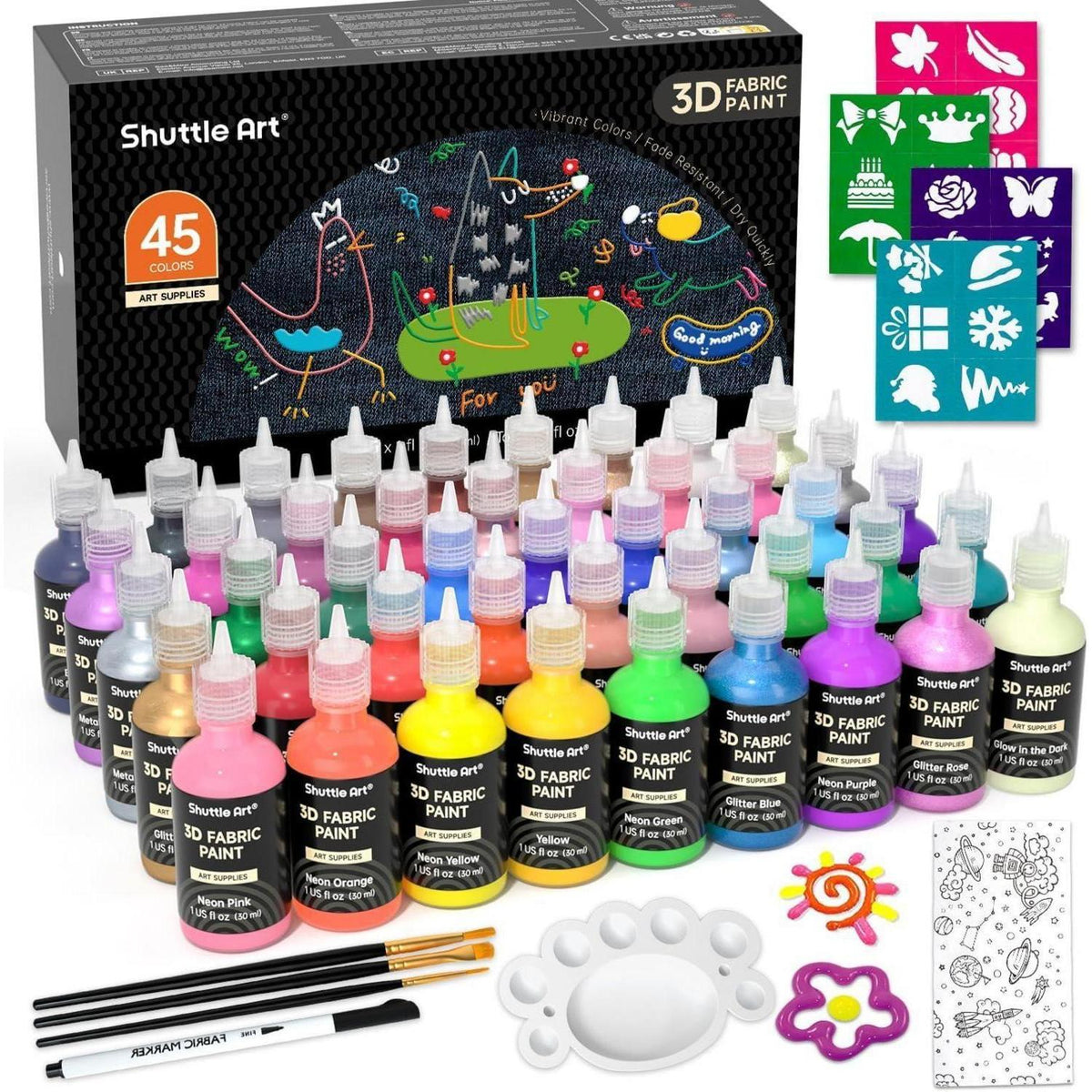 Textilfarben Set 45 Farben, 3D Stoffmalfarben mit Pinsel & Vorlagen