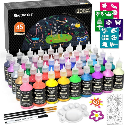 Textilfarben Set 45 Farben, 3D Stoffmalfarben mit Pinsel & Vorlagen