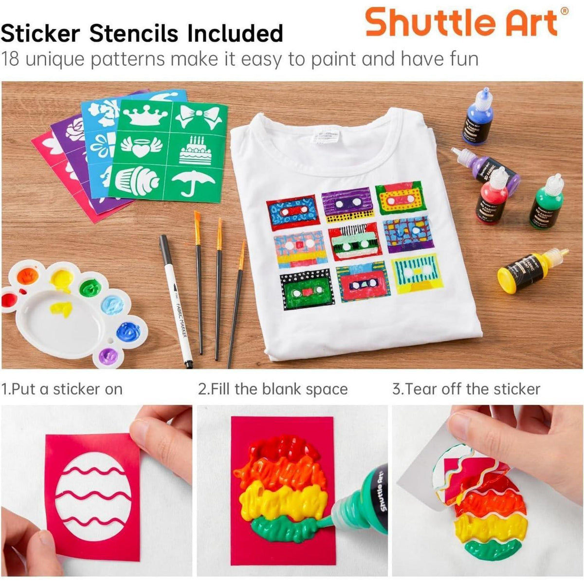 Textilfarben Set 45 Farben, 3D Stoffmalfarben mit Pinsel & Vorlagen