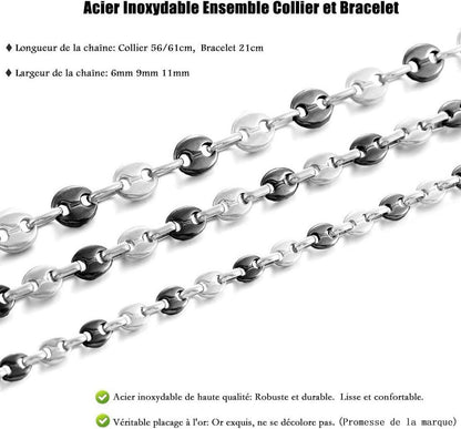 AFSTALR Halskette Edelstahl Kaffeebohne Armband Set 6/9/11mm Men's