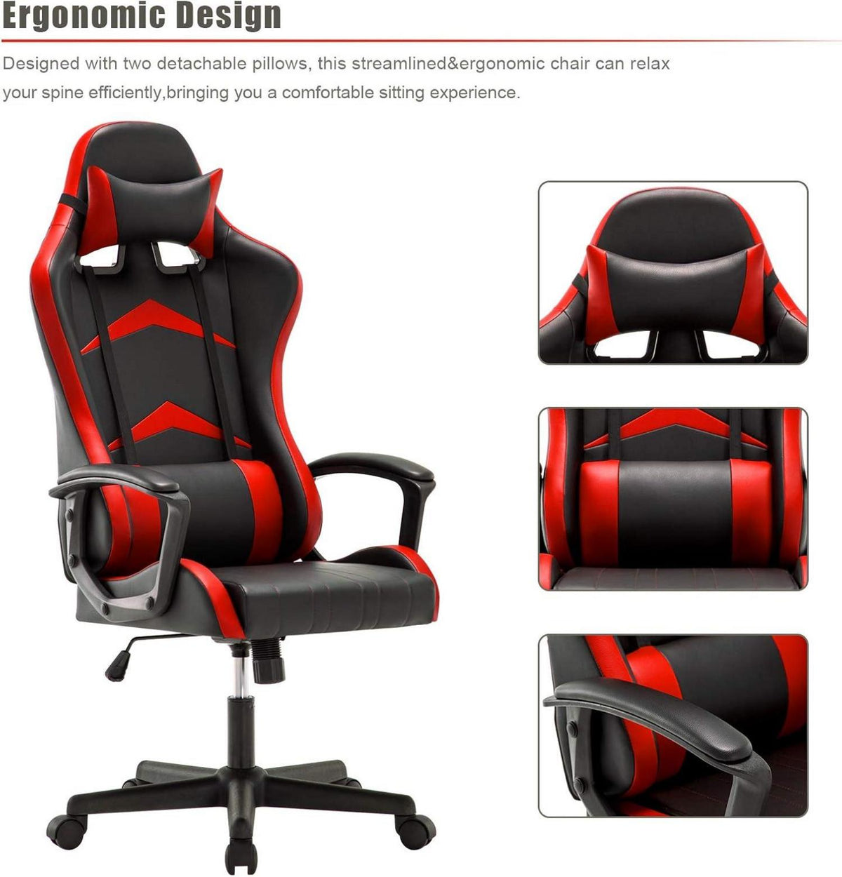 Ergonomischer Gaming Stuhl Bürostuhl mit Verstellbaren Kissen Rot 130 cm