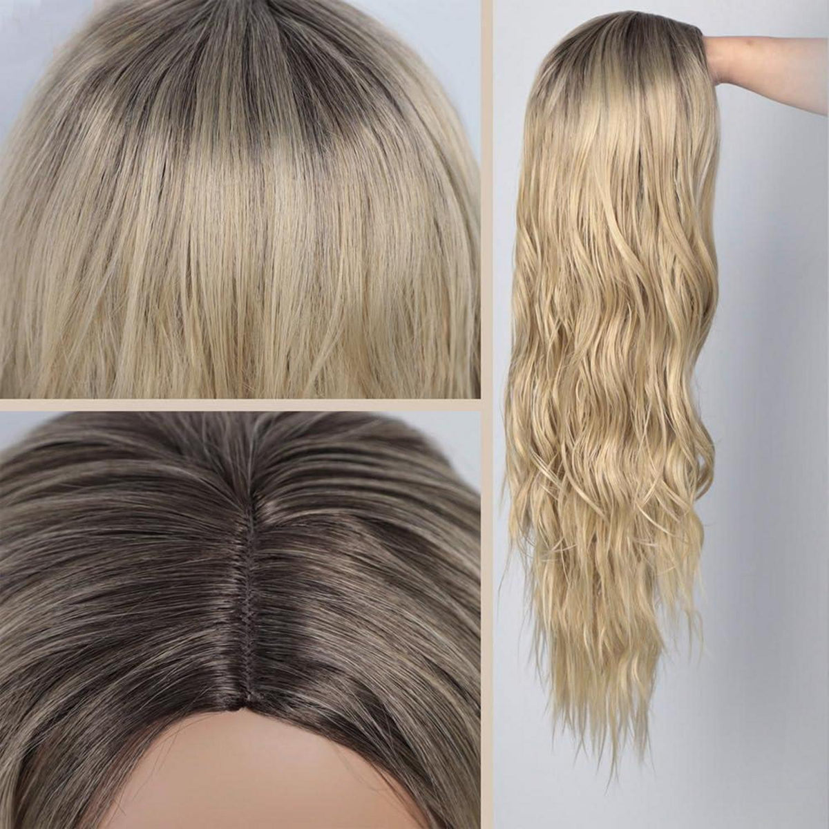 Blonde Lockenperücke Damen Lang Wavy Ombre Perücke mit Haarnetz