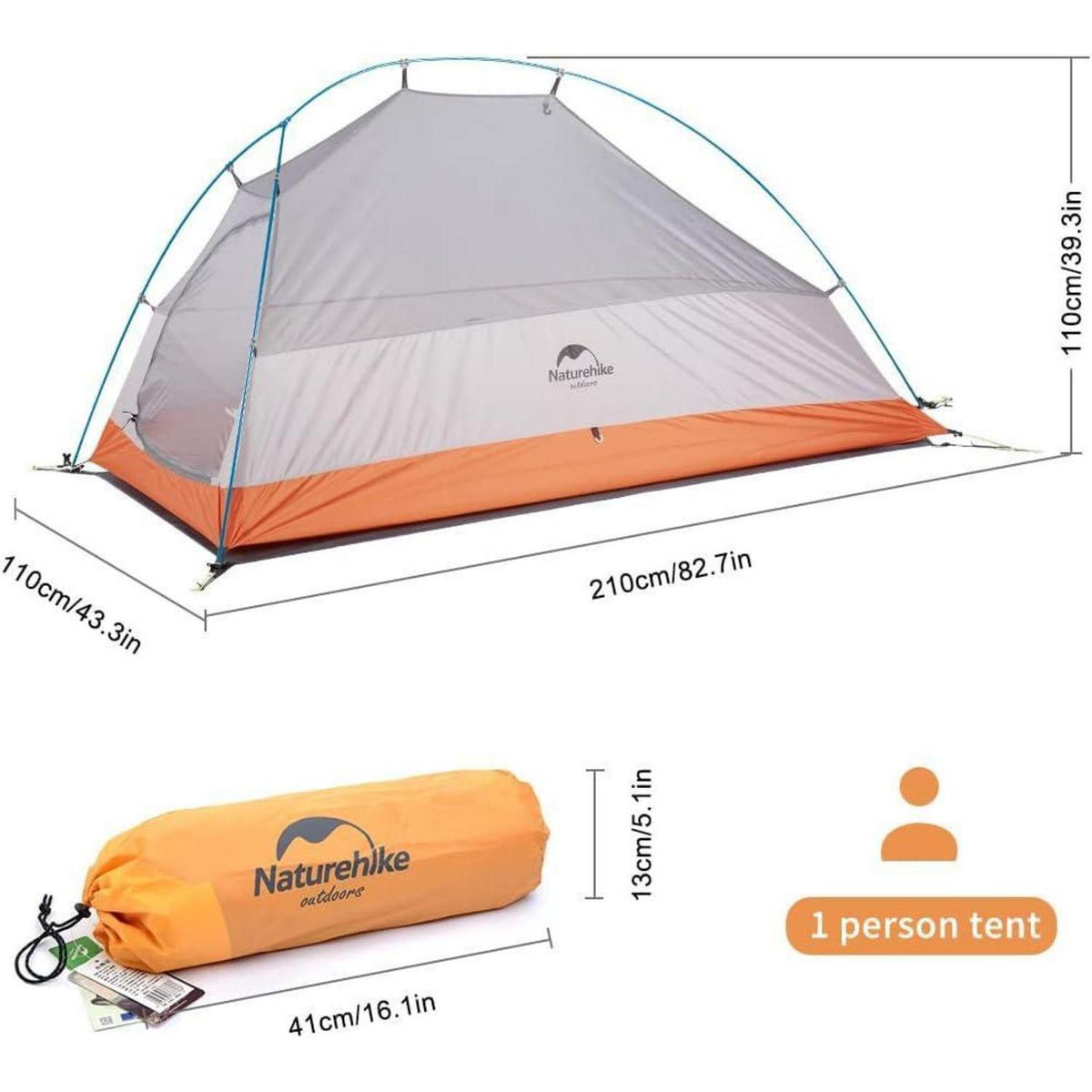 Leichtes 1-Personen Kuppelzelt Orange 210T Wasserdicht