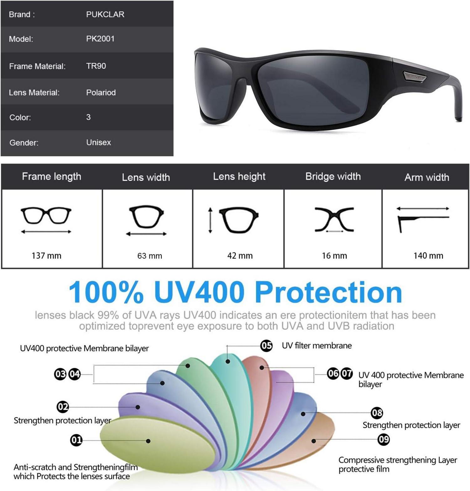PUKCLAR Polarisierte Sportbrille Herren Damen UV400 Schutz Sonnenbrille L C1