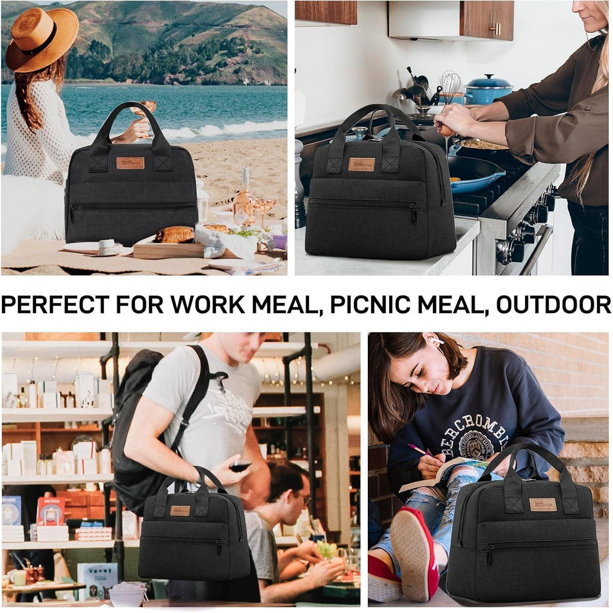 Isolierte Lunchtasche Schwarz – Groß, Wasserdicht & Wiederverwendbar