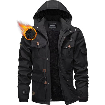 Herren Winterparka Fleecegefüttert mit Taschen & Kapuze Schwarz
