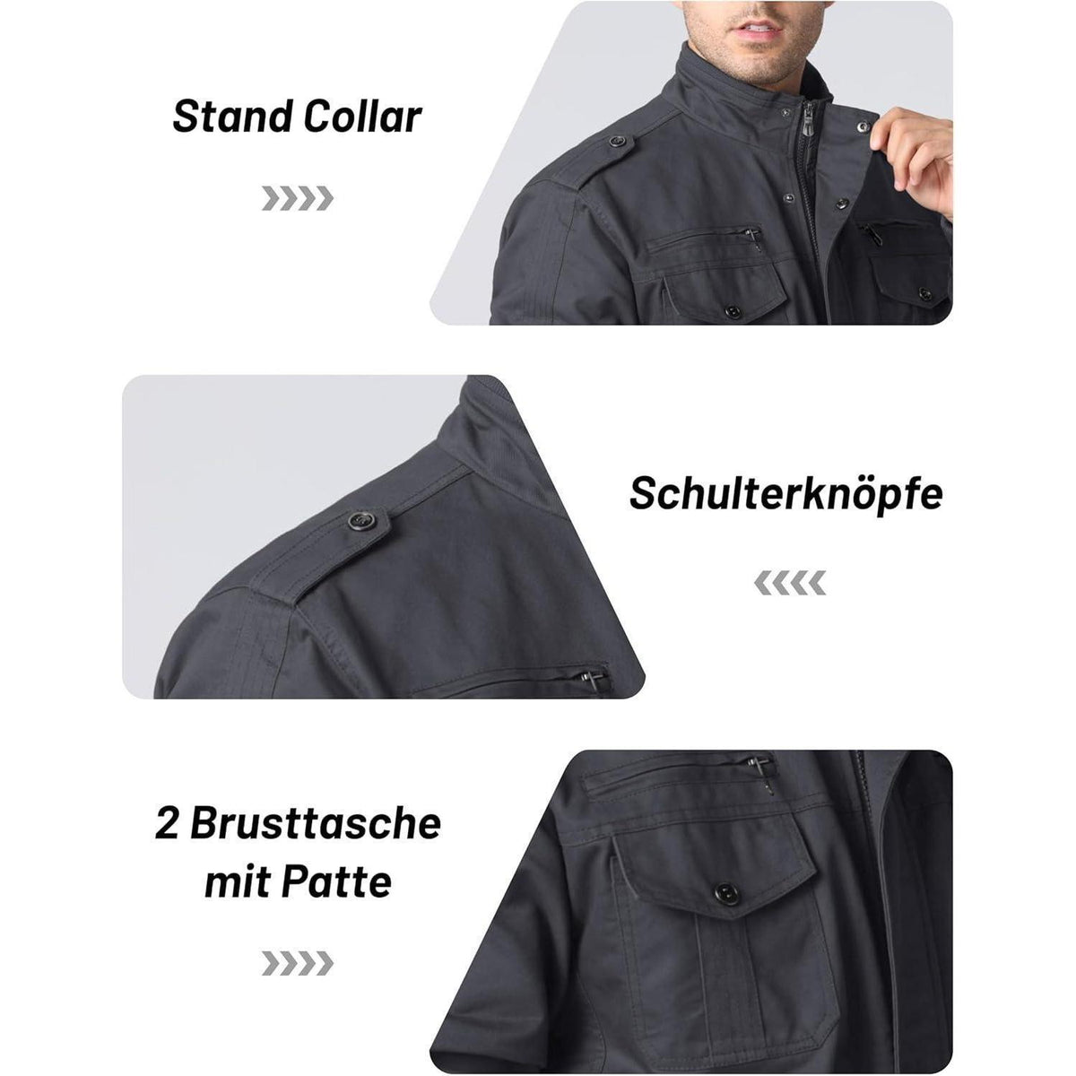 Herren Übergangsjacke Cargo Militärjacke Winddicht Grau