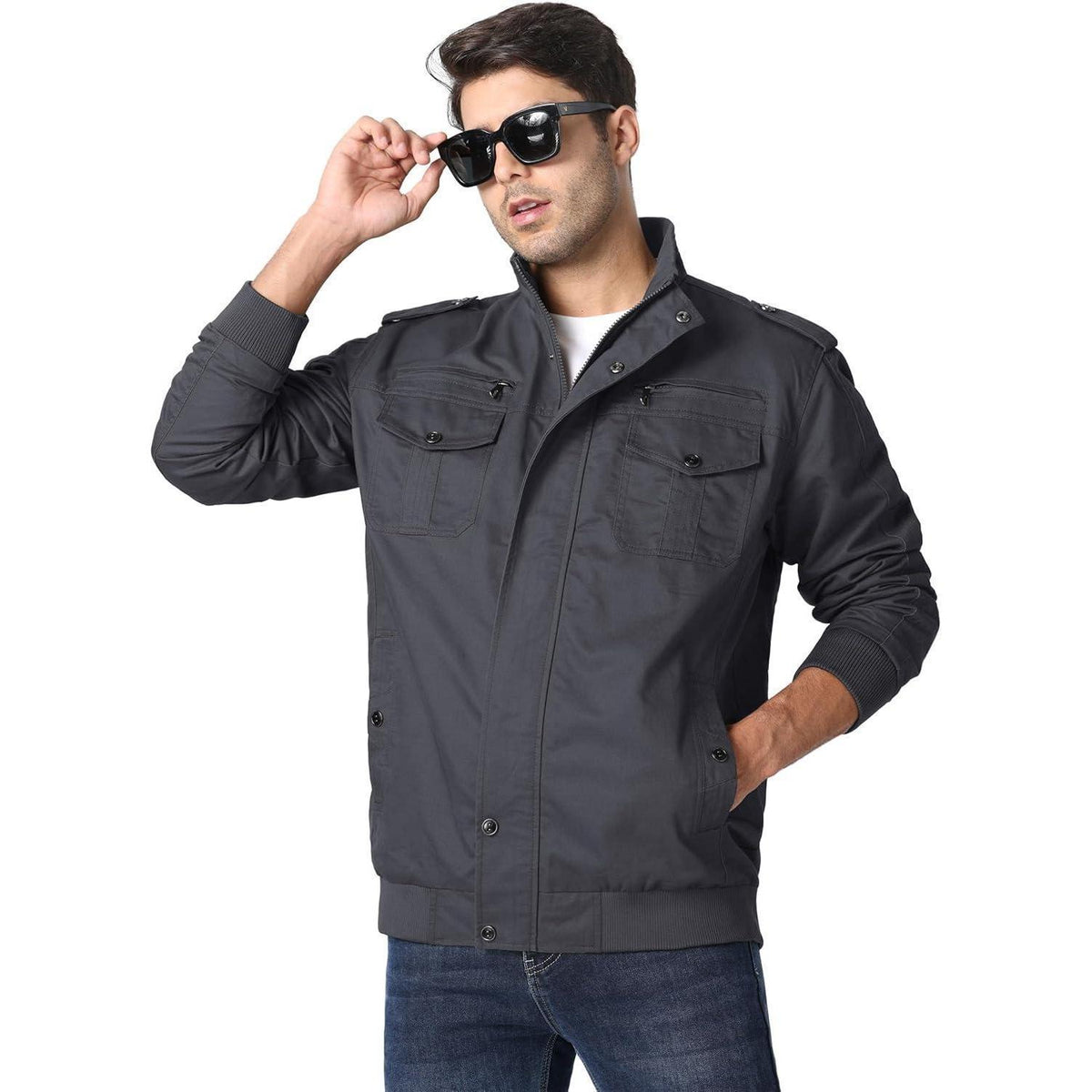 Herren Übergangsjacke Cargo Militärjacke Winddicht Grau