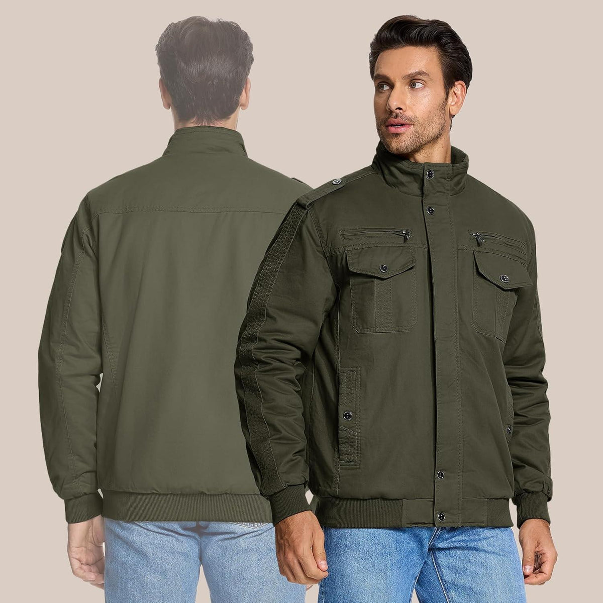 Herren Winterjacke Sherpa gefüttert Militär Cargo Stehkragen Grün