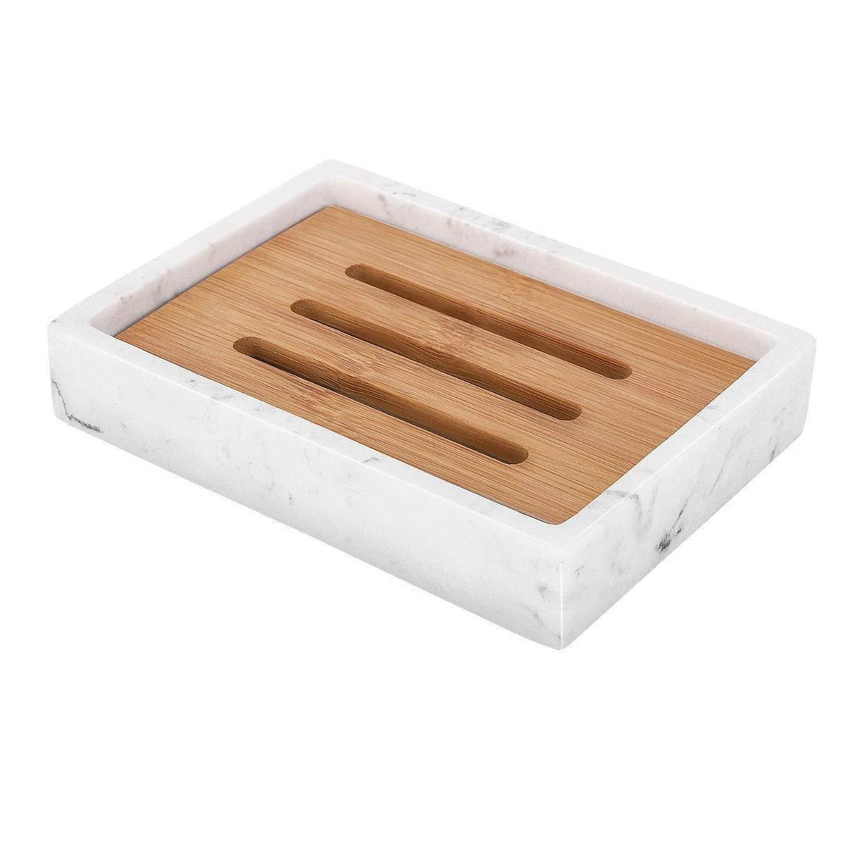 Seifenschale mit Bambushalter – Rechteckig, Kies Weiß