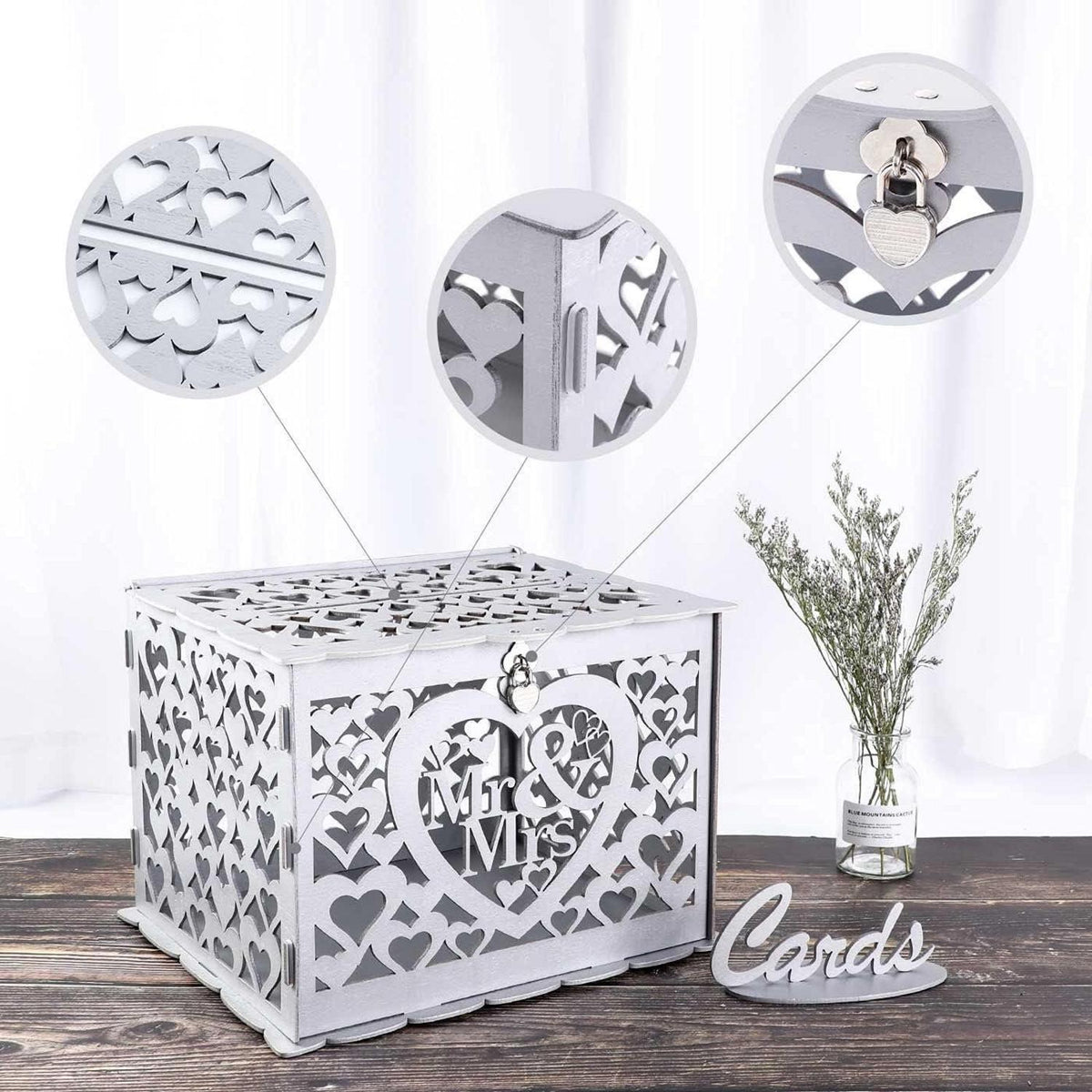 Vintage Holz Hochzeit Geschenkkartenbox mit Schloss Schlitz - groß 30,5 x 21,6 x 20,9 cm