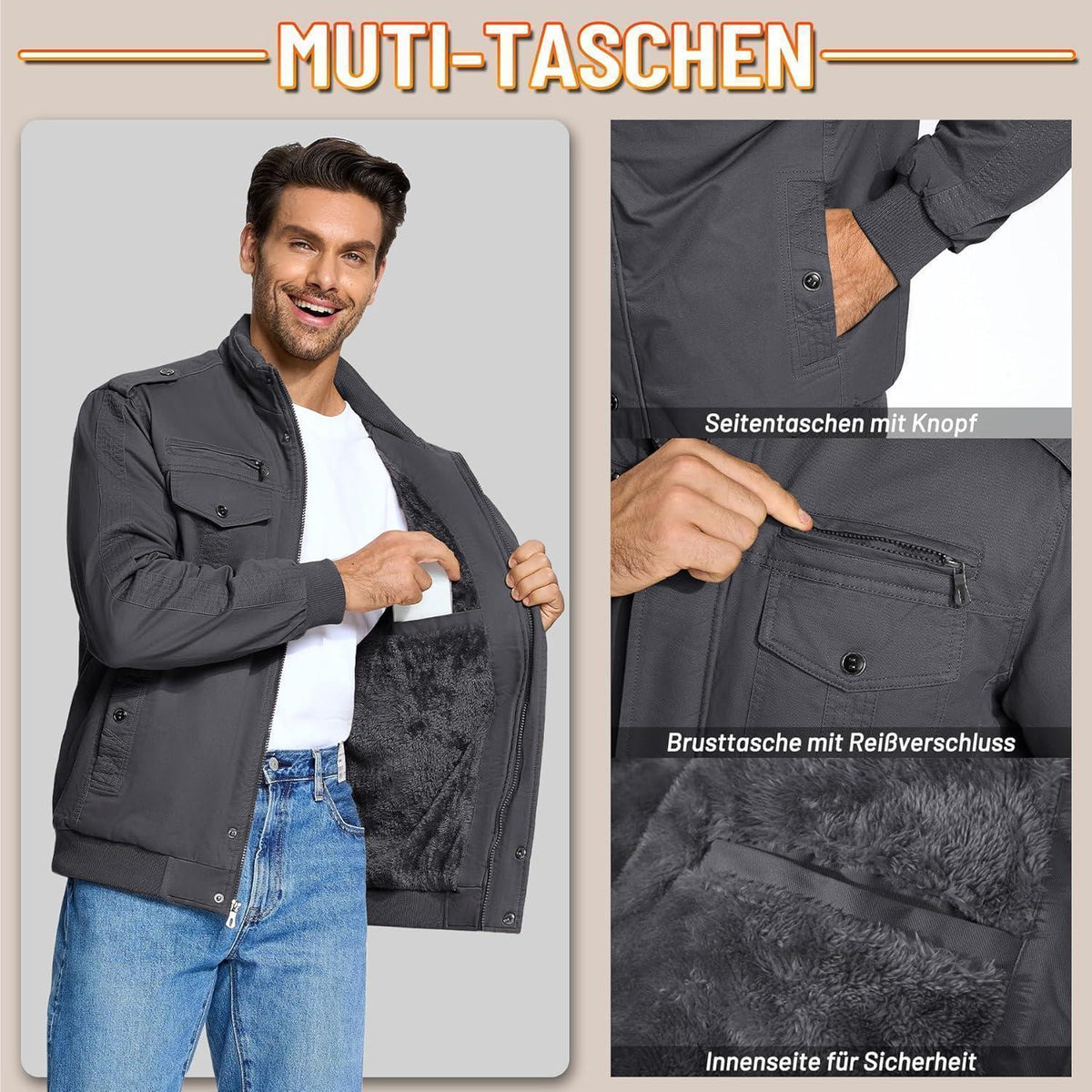 Herren Winterjacke Sherpa gefüttert Dunkelgrau S