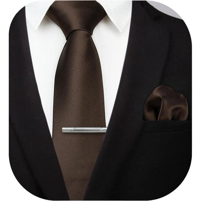 Herren Krawatten-Set mit Einstecktuch und Krawattennadel Braun