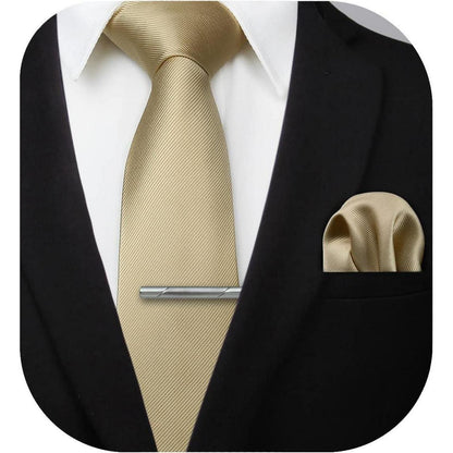 Herren Krawatten-Set mit Einstecktuch & Krawattenklammer, Beige