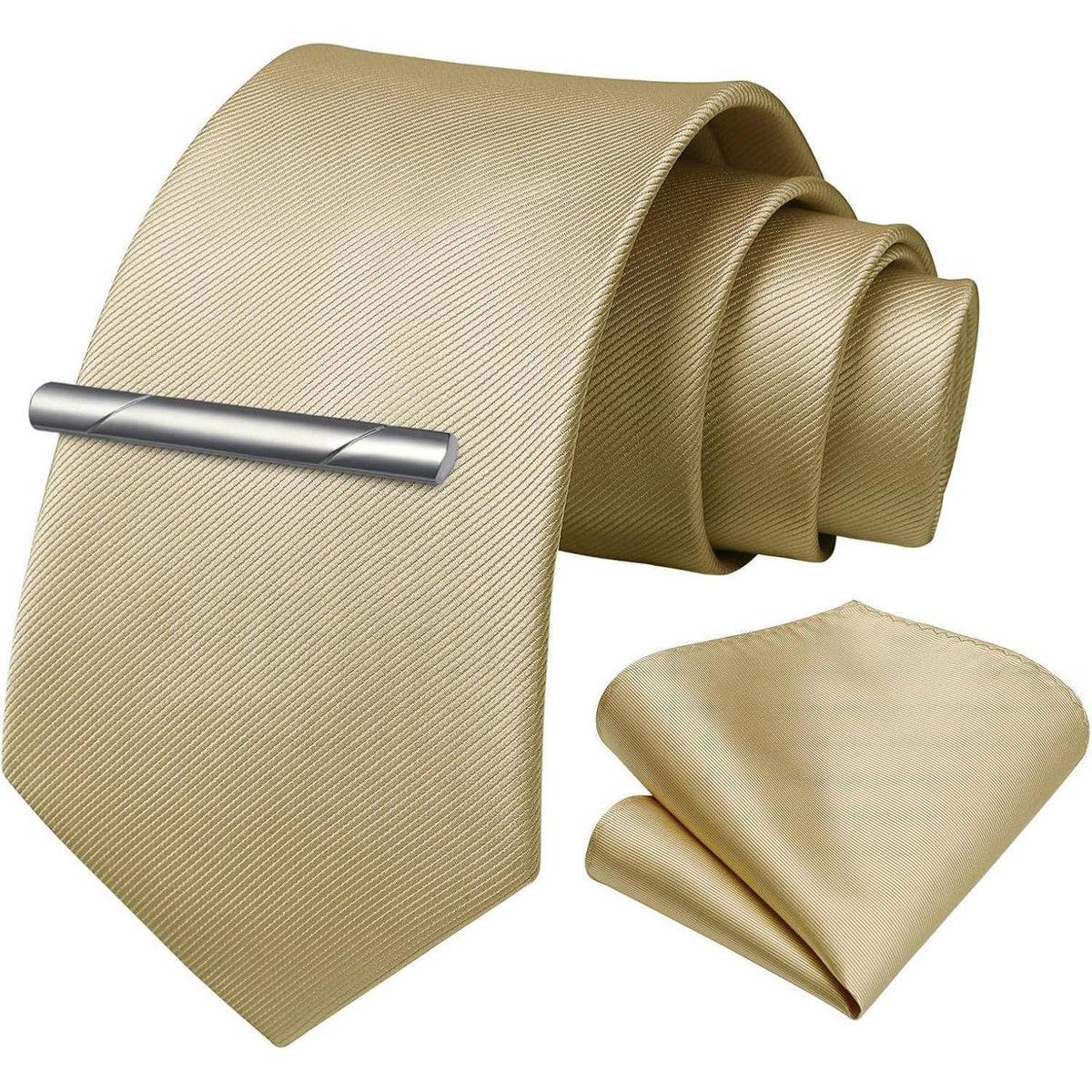 Herren Krawatten-Set mit Einstecktuch & Krawattenklammer, Beige