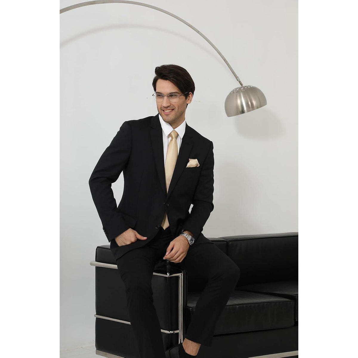 Herren Krawatten-Set mit Einstecktuch & Krawattenklammer, Beige