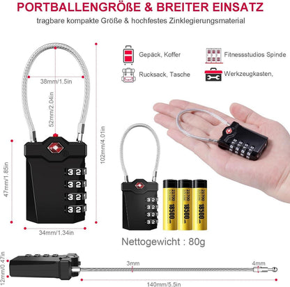 TSA Zahlenschloss 4 Stellig Koffer Kabelschloss Set (2