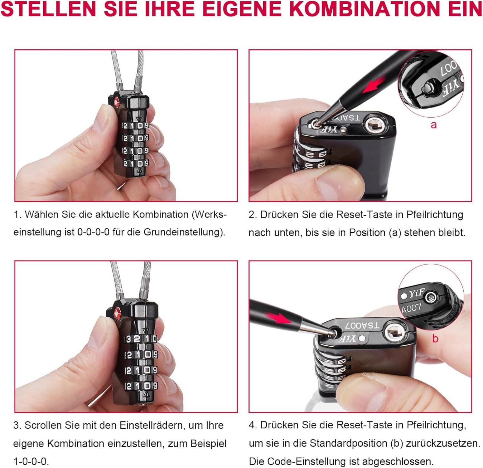 TSA Zahlenschloss 4 Stellig Koffer Kabelschloss Set (2