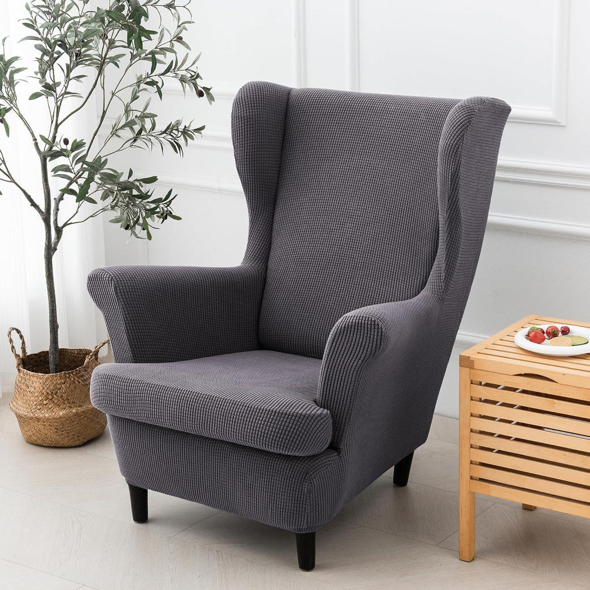 Ohrensesselüberzug 2-teilig Dunkelgrau – Jacquard Stretchhusse