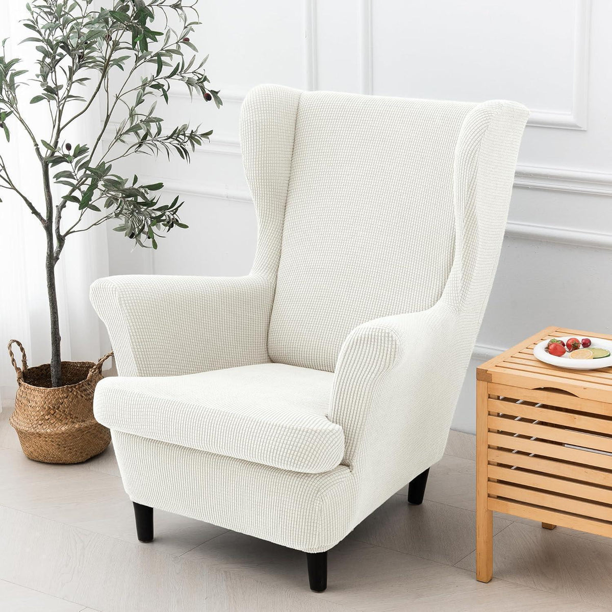 Ohrensesselüberzug 2-teilig Jacquard, Cremefarben