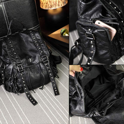 Damen Punk Rucksackhandtasche Niet Schwarz PU Leder Teenager Tag