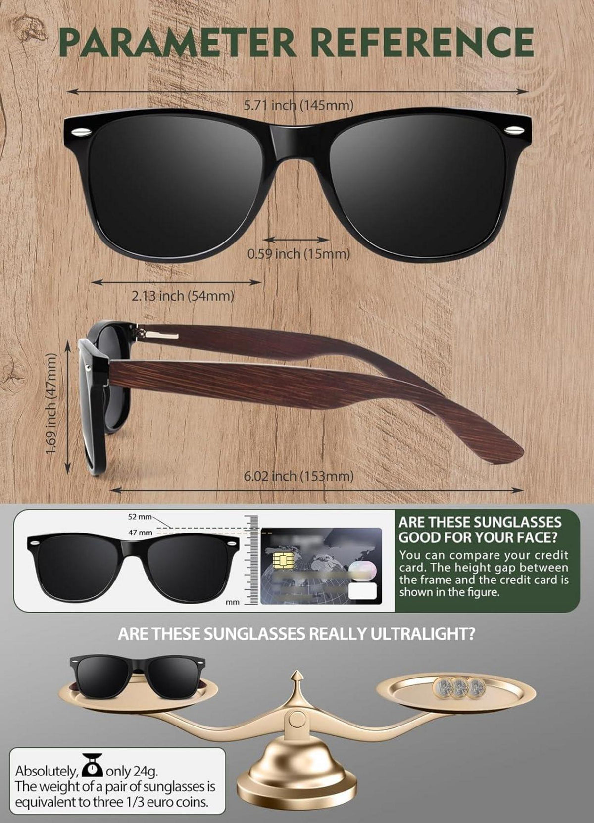 Sonnenbrille Holz Walnuss Damen Herren Polarisiert UV400 CE CAT3