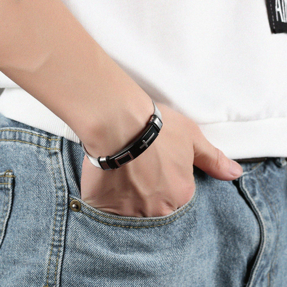 OSTAN Herren Edelstahl Armband Kreuz-Mesh-Armreif Silber Einstellbar