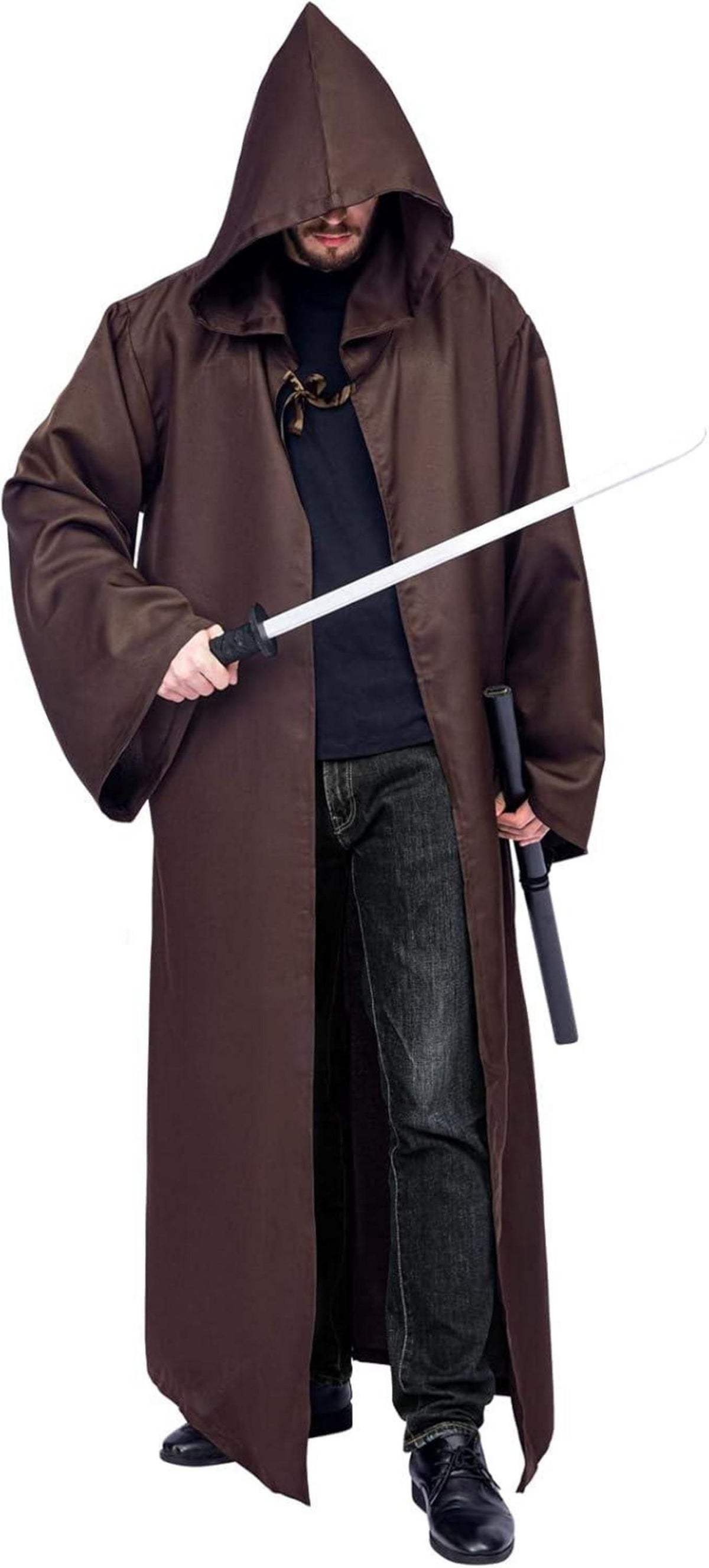 Umhang mit Kapuze Herren Robe Halloween Karneval Fasching Cosplay Braun M