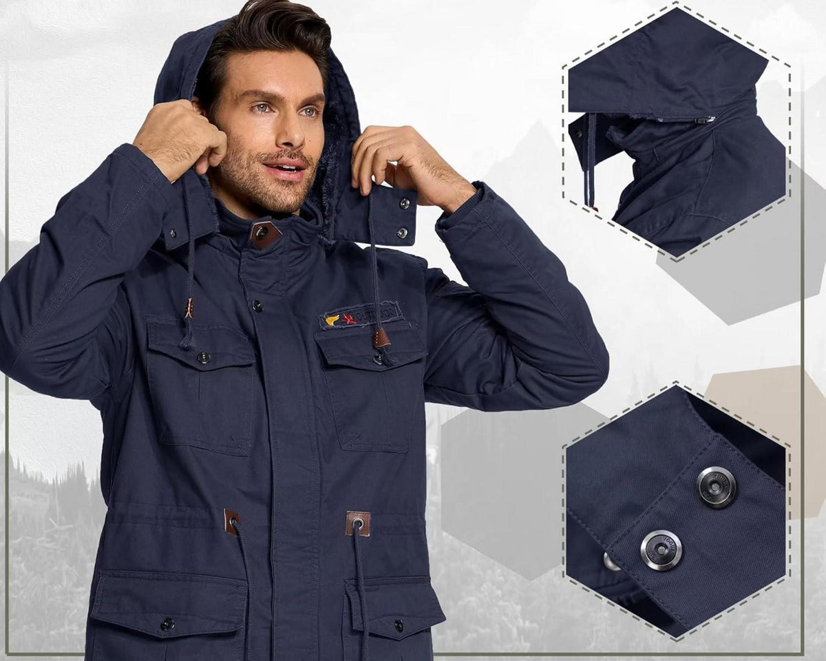 KEFITEVD Winterparka Herren Fleece Gefüttert mit Kapuze und Taschen dunkelblau