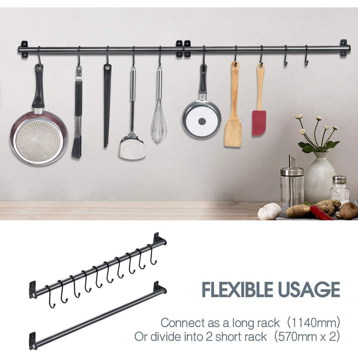 Küchen-Hängeleiste mit 10 S-Haken, 110cm, Schwarz