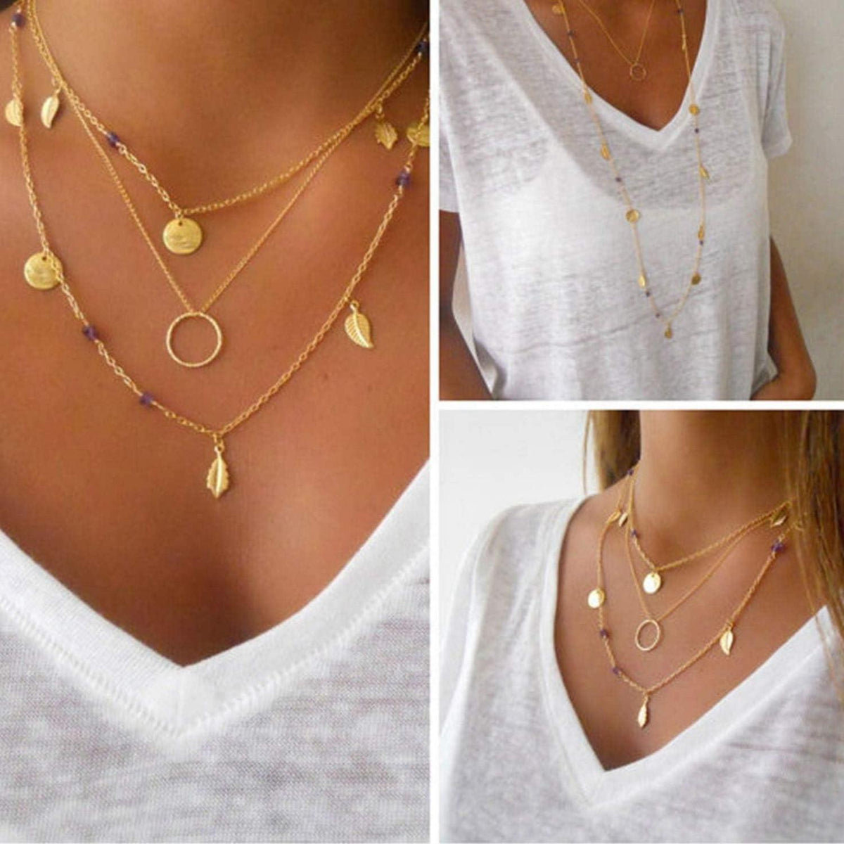 Damen Layered Halskette Set Gold Silber Anhänger Mehrreihig Choker Y
