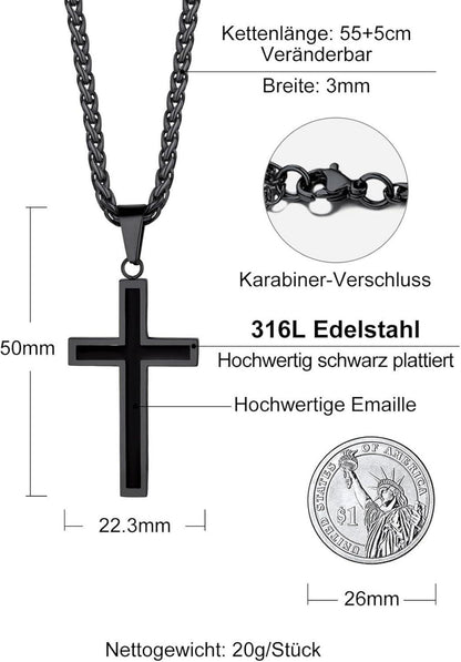 Edelstahl Kreuz Anhänger Halskette Silber Gold Schwarz 50+5cm Nette Geschenkbox